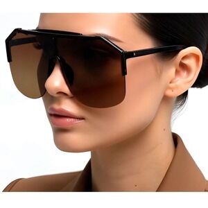 Shield Sunglasses Dark Brown Lens Style Metal Flat Top Fashion Shape Women Gafas